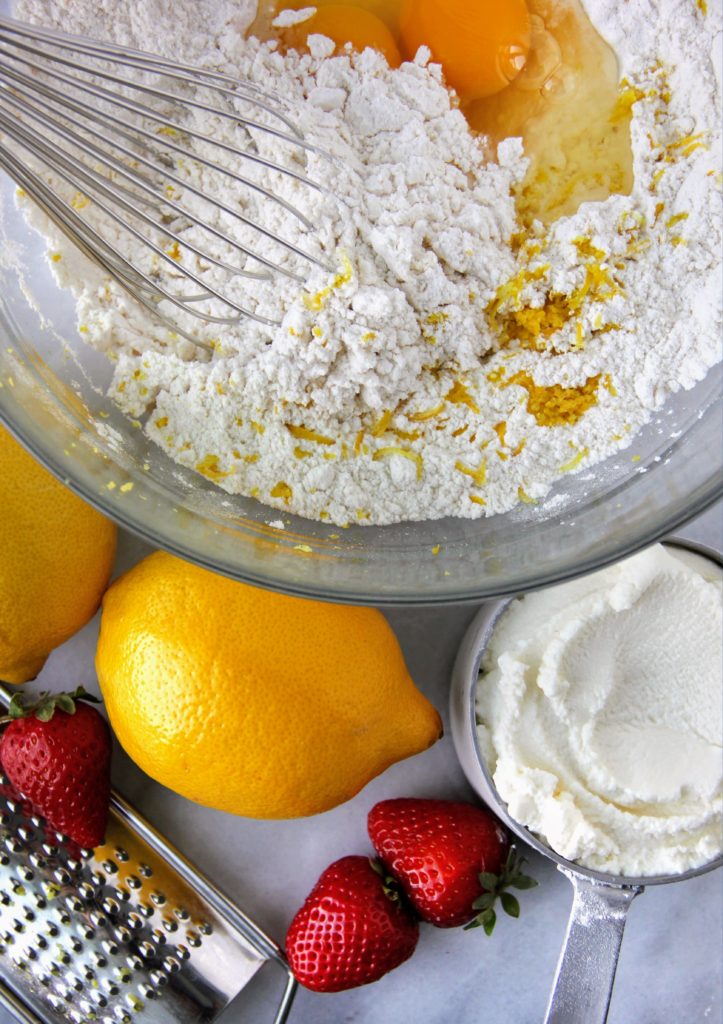 lemon ricotta pancakes with strawberry sauce batter and ingredients by lindsay johnson of lady in the wild west for gen padalecki of now & gen wife of jared padalecki